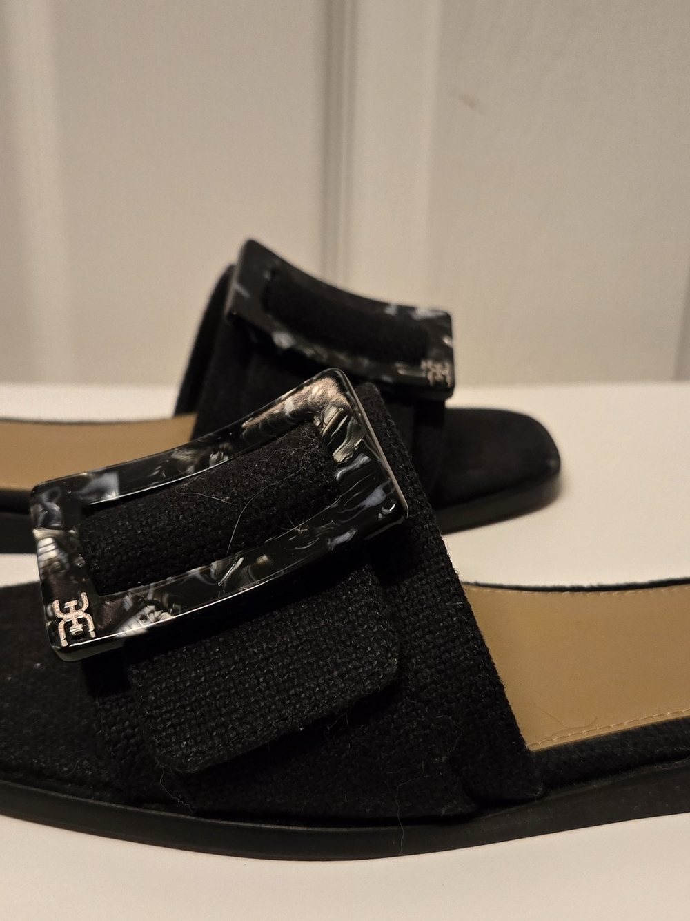 Sam Edelman Black Slip-On Sandals with Marbled Buckles - Picture 2 of 5